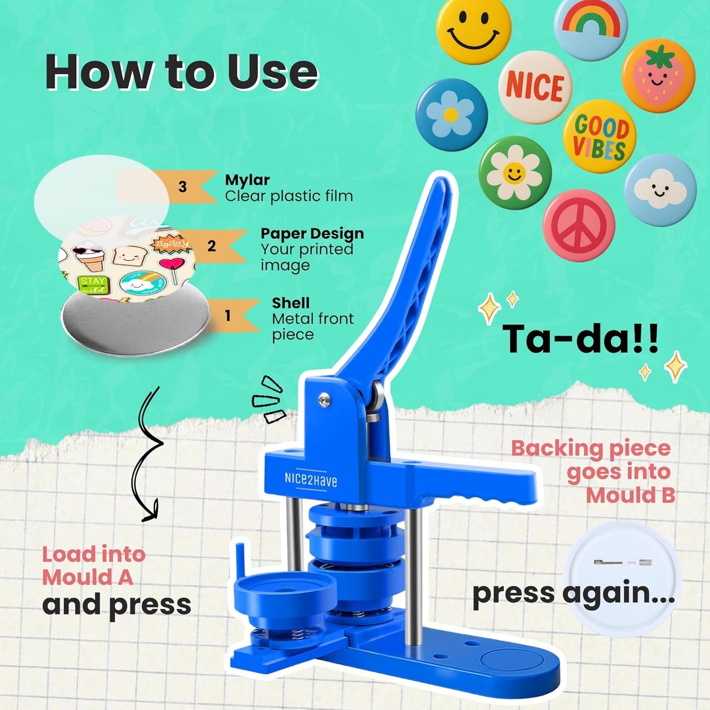 Button Maker Machine – Multiple Size Molds– Pin Maker Machine Kit W/ 500 Buttons, 15 Fridge Magnets, 15 Bottle Openers, 15 Keychain Buttons, Cutters & 500+ Button Designs for DIY Crafts