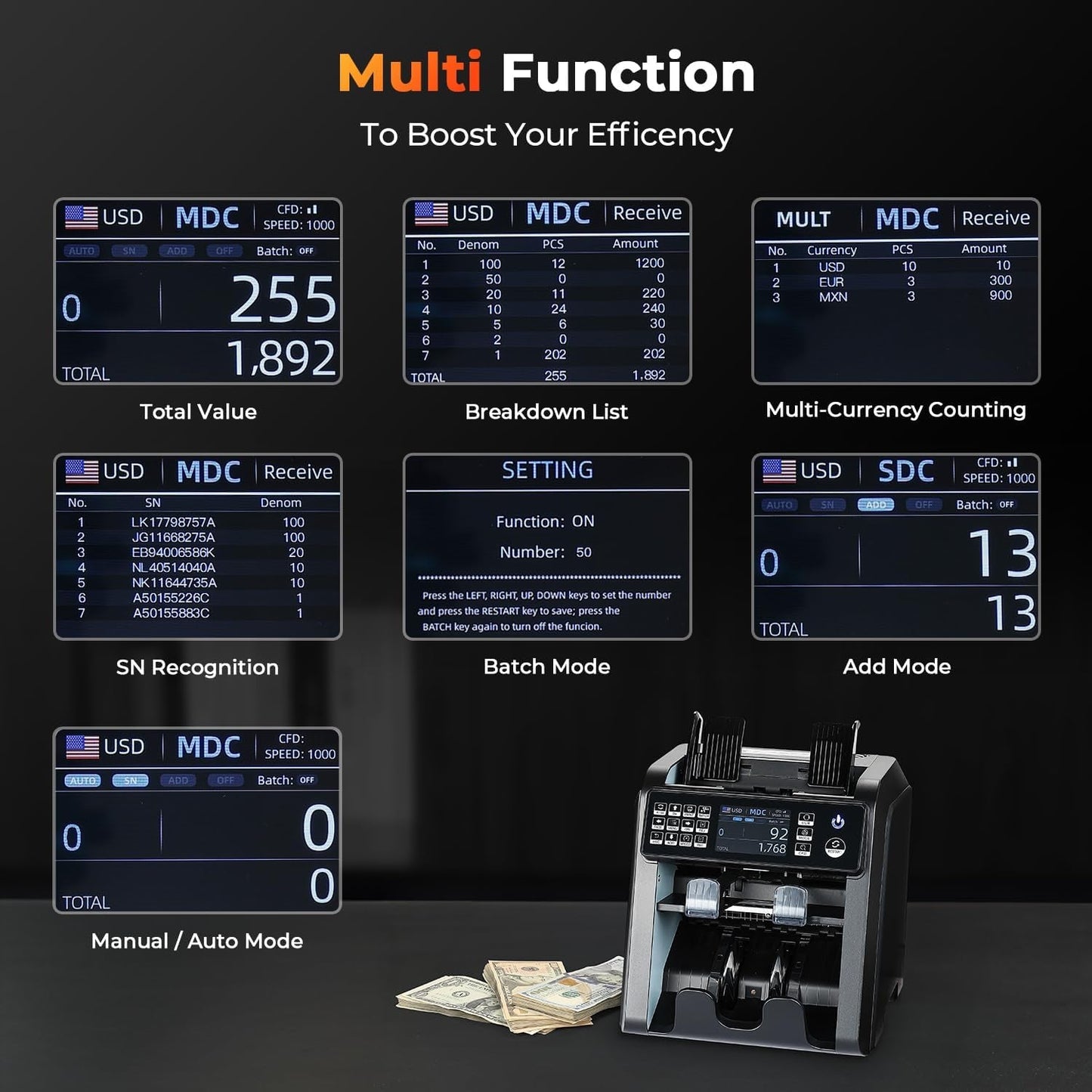 MUNBYN IMC08 Dual Money Counter Machine Mixed Denomination with Reject Pocket, Value Counting, Counterfeit Detection 2 CIS/UV/MG/IR, Sort&Print Enabled Cash Counter, Mixed Bill Counter (Black)