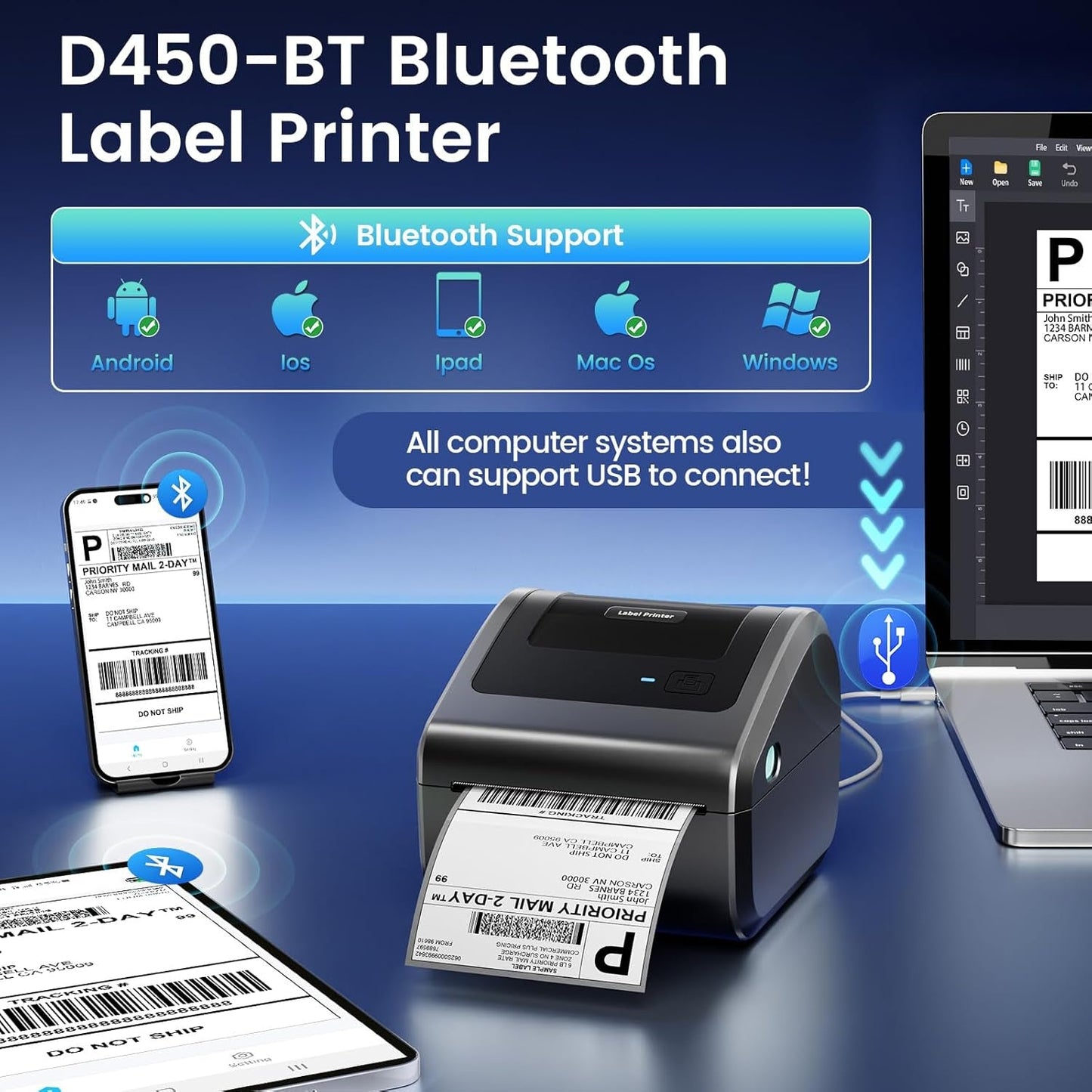 Bluetooth Shipping Label Printer 4X6 - D450BT Thermal Label Printer for Shipping Packages, Small Business, Home, Office, Compatible with Amazon, Ebay, Etsy, USPS