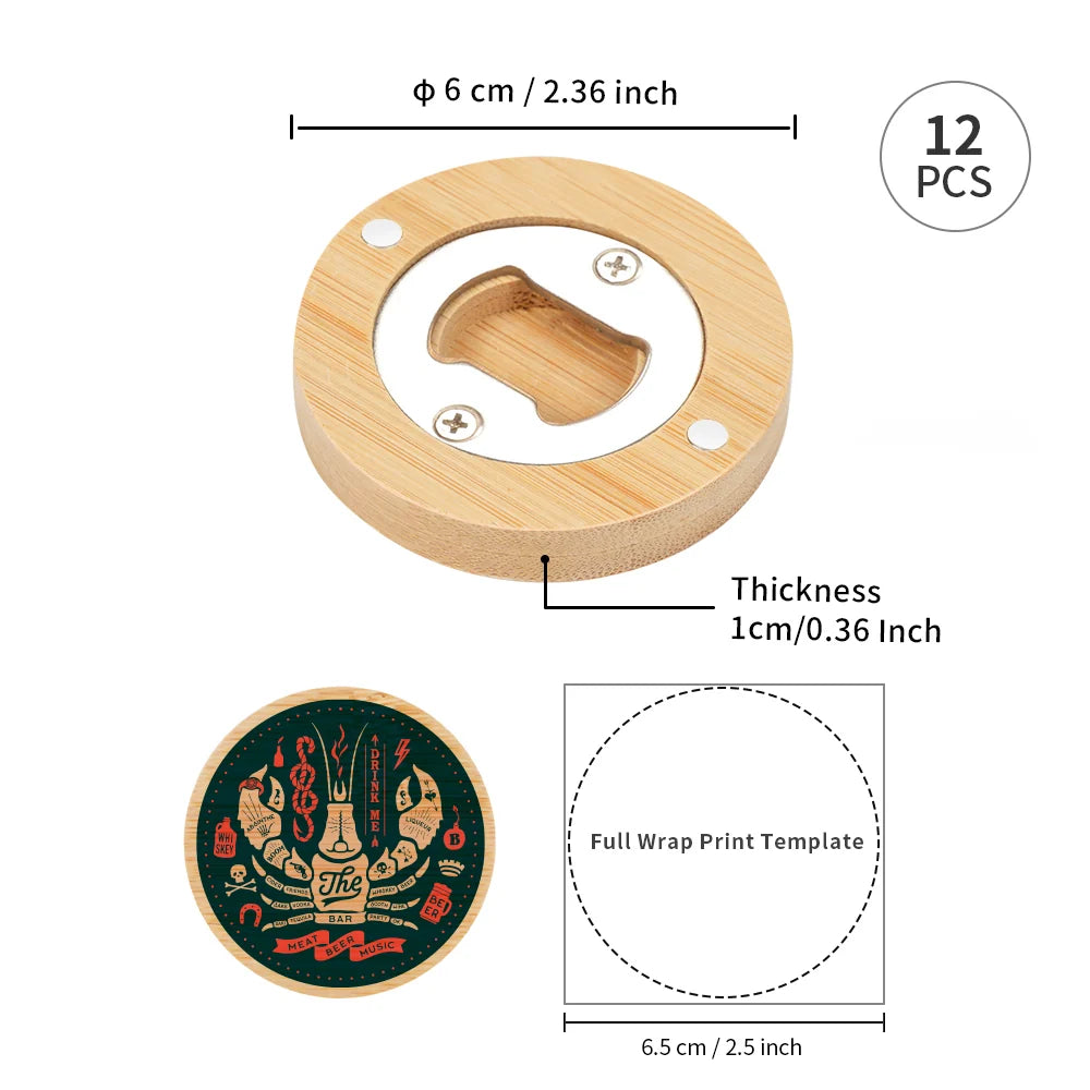 2 in 1 Sublimation Bamboo Bottle Openers Coasters 2.36" 12 Pack