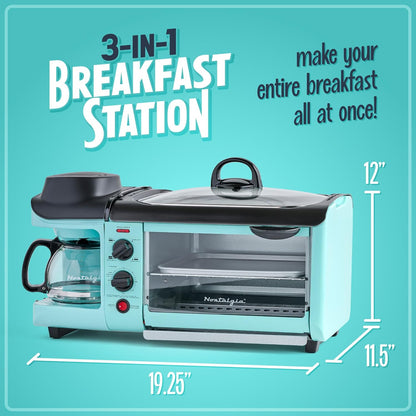Nostalgia 3-In-1 Breakfast Station - Includes Coffee Maker, Non-Stick Griddle, and 4-Slice Toaster Oven - Versatile Breakfast Maker with Timer - Aqua