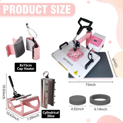 Bettersub 5 in 1 Heat Press Machine 12X15 Inch, Industrial-Quality Sublimation Press with 30Oz Tumbler Attachment & Curved Hat Plate, 360° Swivel Design for T-Shirts, Vinyl, DTF Film - Pink