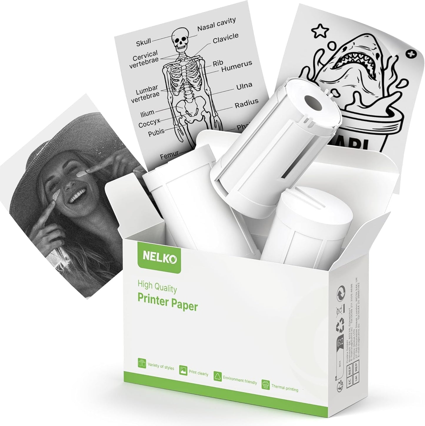 Nelko Genuine Self-Adhesive Thermal Printer Stickers, Compatible with PM230 Mini Sticker Printer, Black on White, 54Mmx3.5M Sticker Paper for Journal, Study, Photos, Note, 3 Rolls, White