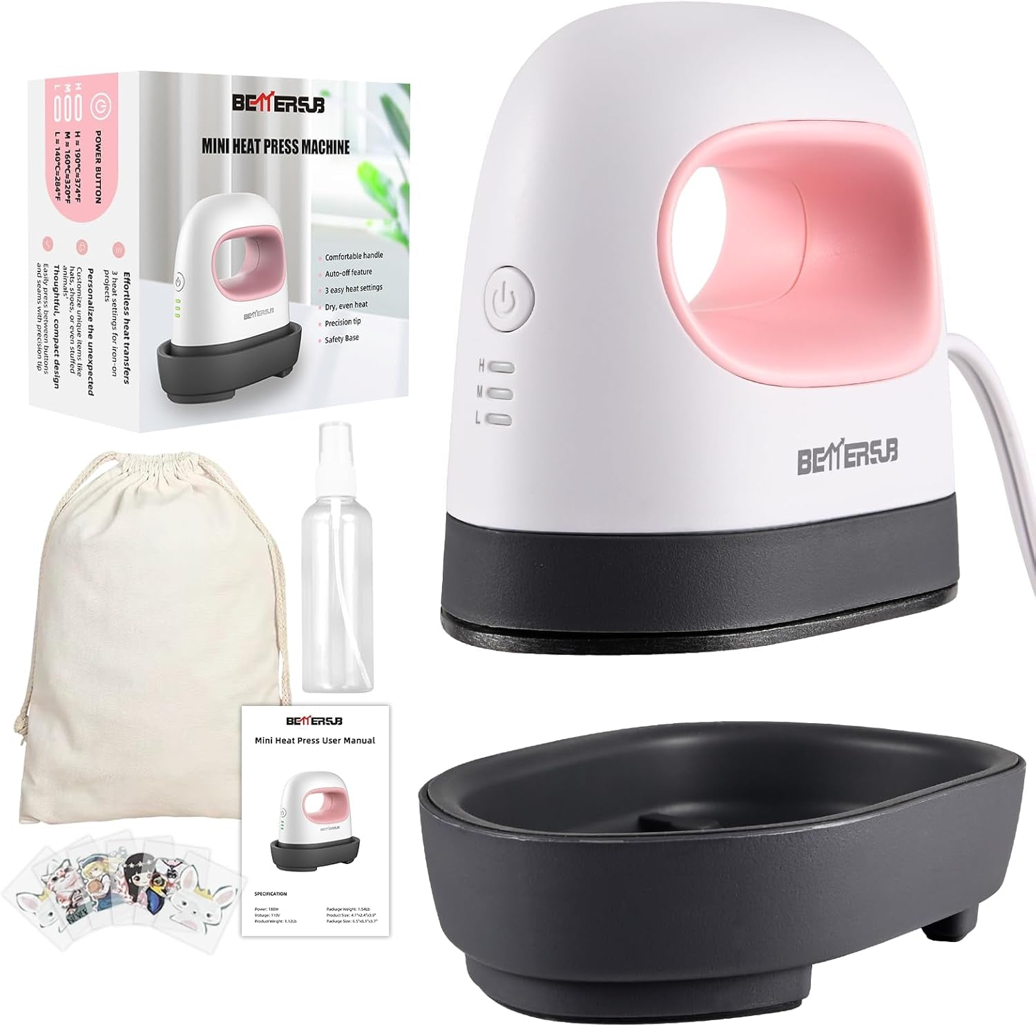Bettersub Mini Heat Press Machine, Small Heat Press Portable Iron Press Machine, Sublimation and HTV Vinyl Shirt Press Machine for Hat, Bags, Heating Transfer Small Projects (Pink)