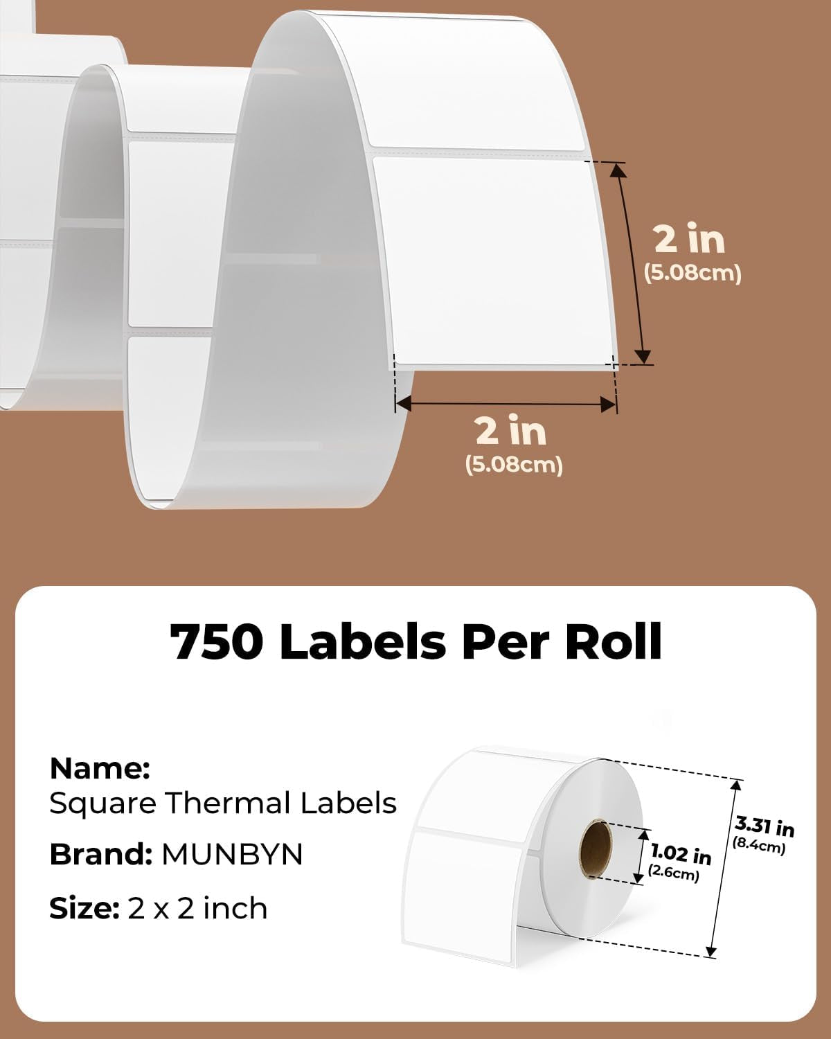 MUNBYN 2"X2" Square Thermal Labels, Compatible with Multiple Thermal Printers, Strong Adhesive, White Address Labels for Barcode, 750 Sheets/Roll