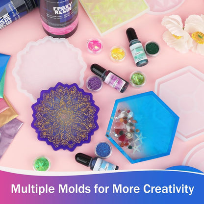 KISREL Epoxy Resin Kit for Beginners, 32Oz Resin Kit with Coaster Molds, Complete Accessories Include Pigment, Mica Powders, Dried Flowers, Glitter, Measuring Cups and Other Resina Supplie