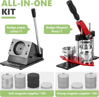 2.28" round Fridge Magnet Button Maker Kit 5-In-1 Magnet Badge Maker Machine 58Mm Button Magnet Maker Press Kit with Paper Cutter& 200 Sets Magnets Supplies