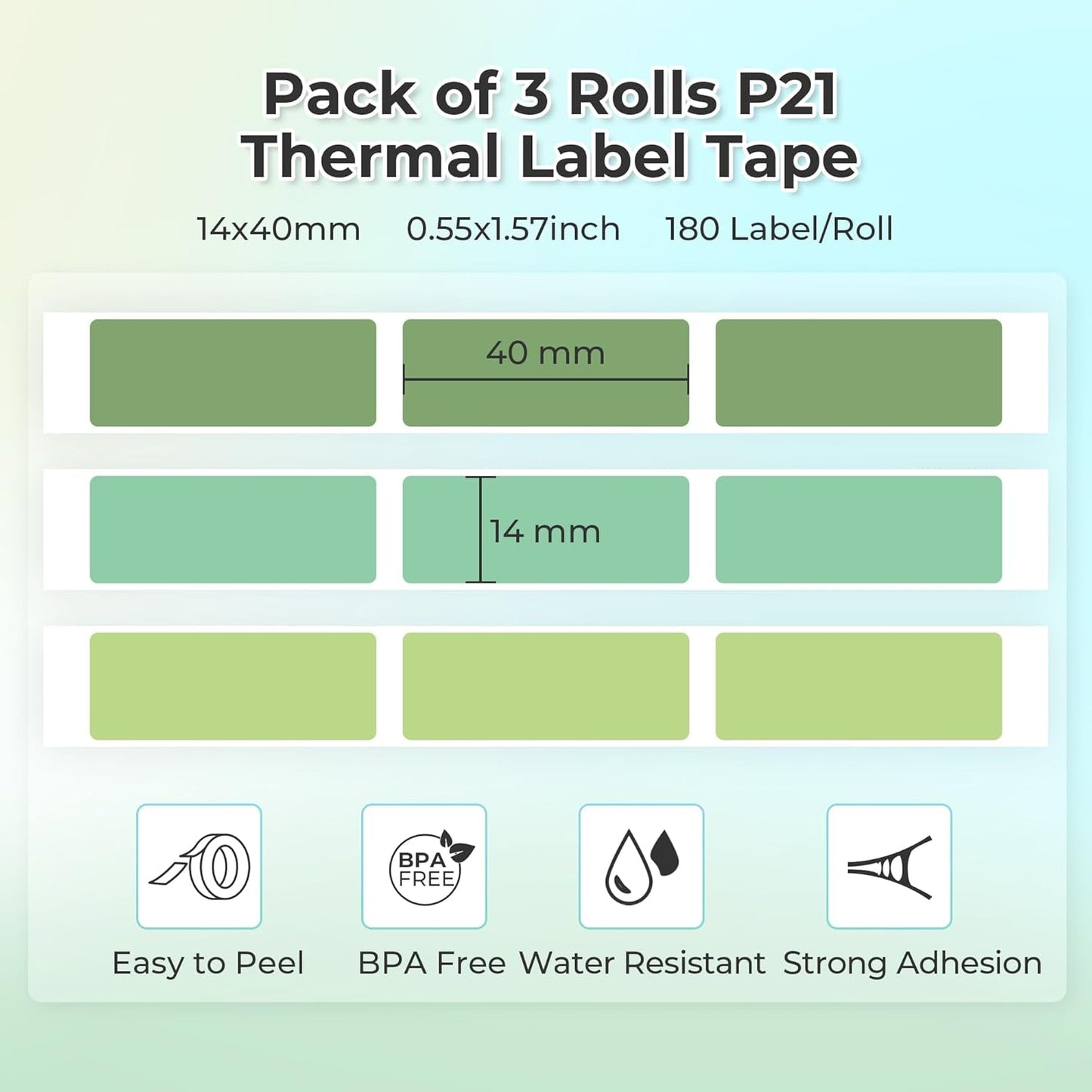 NELKO Genuine P21 Label Maker Tape, Adapted Label Print Paper, 14X40Mm (0.55"X1.57"), Standard Laminated Labeling Replacement, Multipurpose of P21, 180 Tapes/Roll, 3-Roll, Light Green/Green/Dark Green