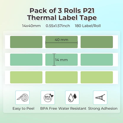 NELKO Genuine P21 Label Maker Tape, Adapted Label Print Paper, 14X40Mm (0.55"X1.57"), Standard Laminated Labeling Replacement, Multipurpose of P21, 180 Tapes/Roll, 3-Roll, Light Green/Green/Dark Green
