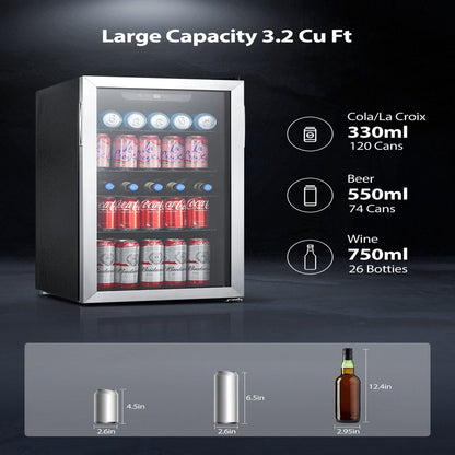 126 Can Beverage Refrigerator Cooler, 3.2 Cu.Ft Mini Fridge, Wine Chiller for Bar/Office/Home, New, Reversible Door, 17.5 X 18.9 X 31.5 Inches