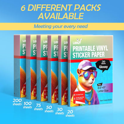 105 Sheets Premium Printable Vinyl Sticker Paper for Inkjet Printer Cricut,Included 100Sheets Glossy and 5Sheets Transparent Label Waterproof Adhesive Dries Quickly Tear-Resistant, Removable