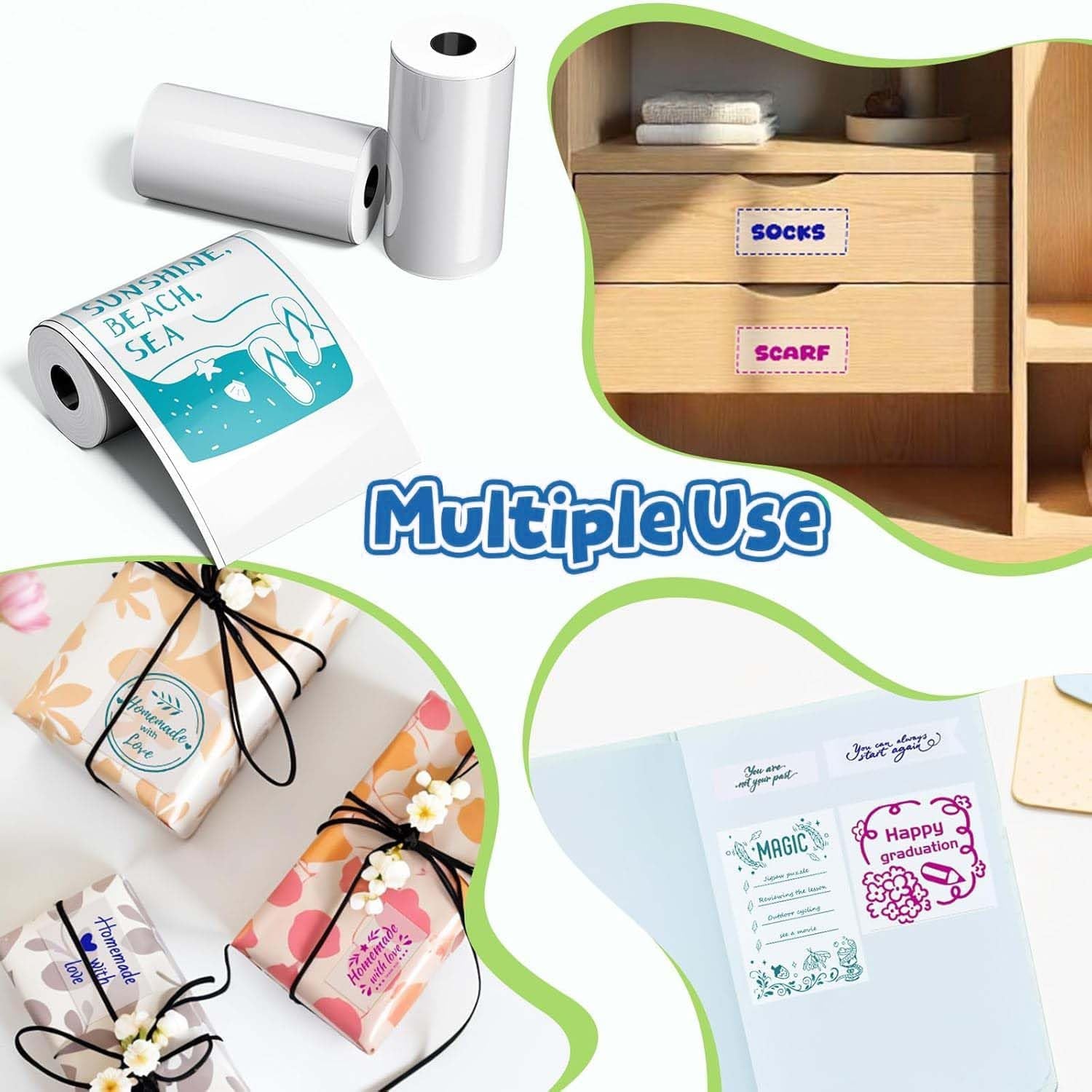 Phomemo Decoration Labels, Green/Blue/Rose on Clear for Phomemo M02/M02 Pro/M02S/M03/M03As/M04S Mini Bluetooth Thermal Receipt Printer