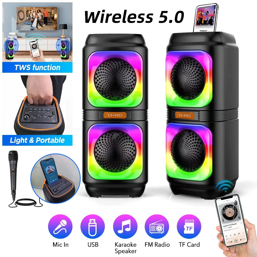 Portable Dual 4'' Speakers Bluetooth Speaker, Party Stereo Subwoofer RGB Lights Karaoke Heavy Bass with Mic (Optional),Support TWS/AUX/USB/TF Card Ideal for Party,Home,Camping