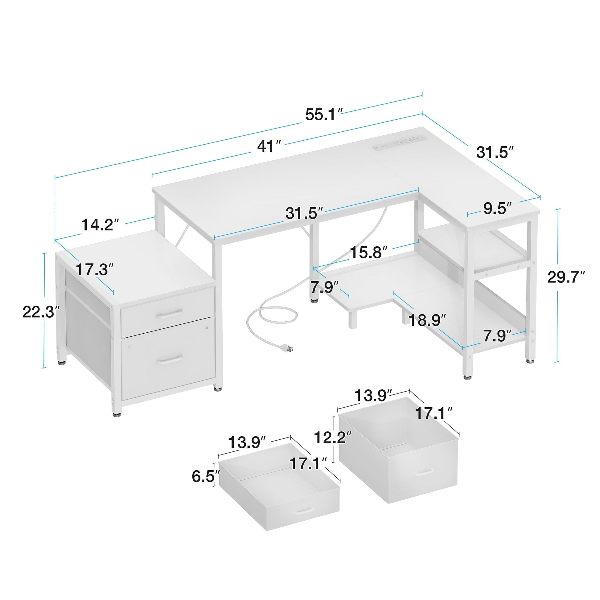 L Shaped Desk with Power Outlets, Large Computer Desk with File Drawer, Home Office Desk with Printer Stand & Storage Shelves, Corner Desk, White