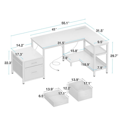 L Shaped Desk with Power Outlets, Large Computer Desk with File Drawer, Home Office Desk with Printer Stand & Storage Shelves, Corner Desk, White