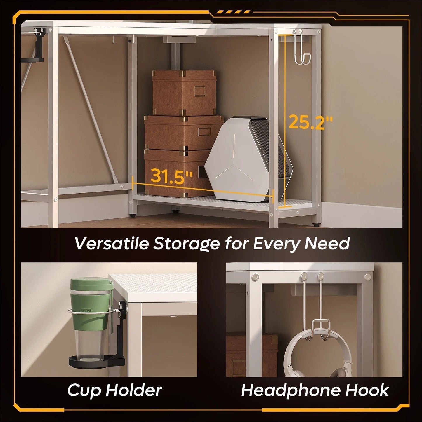 42" Small Corner Computer Desk with Monitor Stand, Cup Holder& Headset Hooks, Home Office, Carbon Fiber Gray