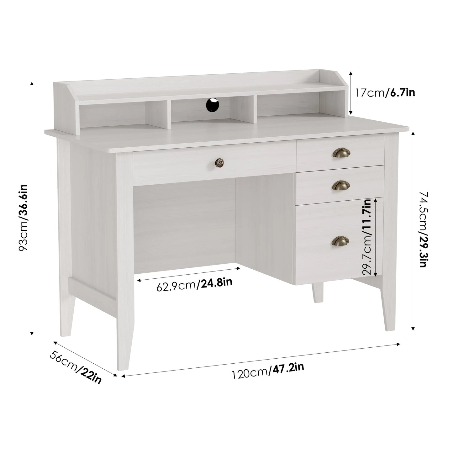 47 in Computer Desk, Home Office Writing Table with 4 Drawers and Hutch Shelf, Oak White