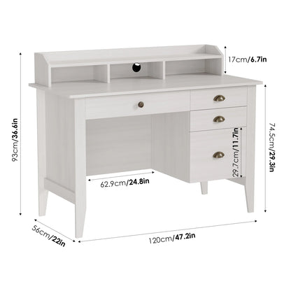47 in Computer Desk, Home Office Writing Table with 4 Drawers and Hutch Shelf, Oak White