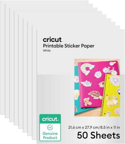 Cricut Printable Sticker Paper for Inkjet Printer - 50 Count, US Letter Size (8.5In X 11In) - White - Make Custom Stickers, Personalized Decor, Labels, & More
