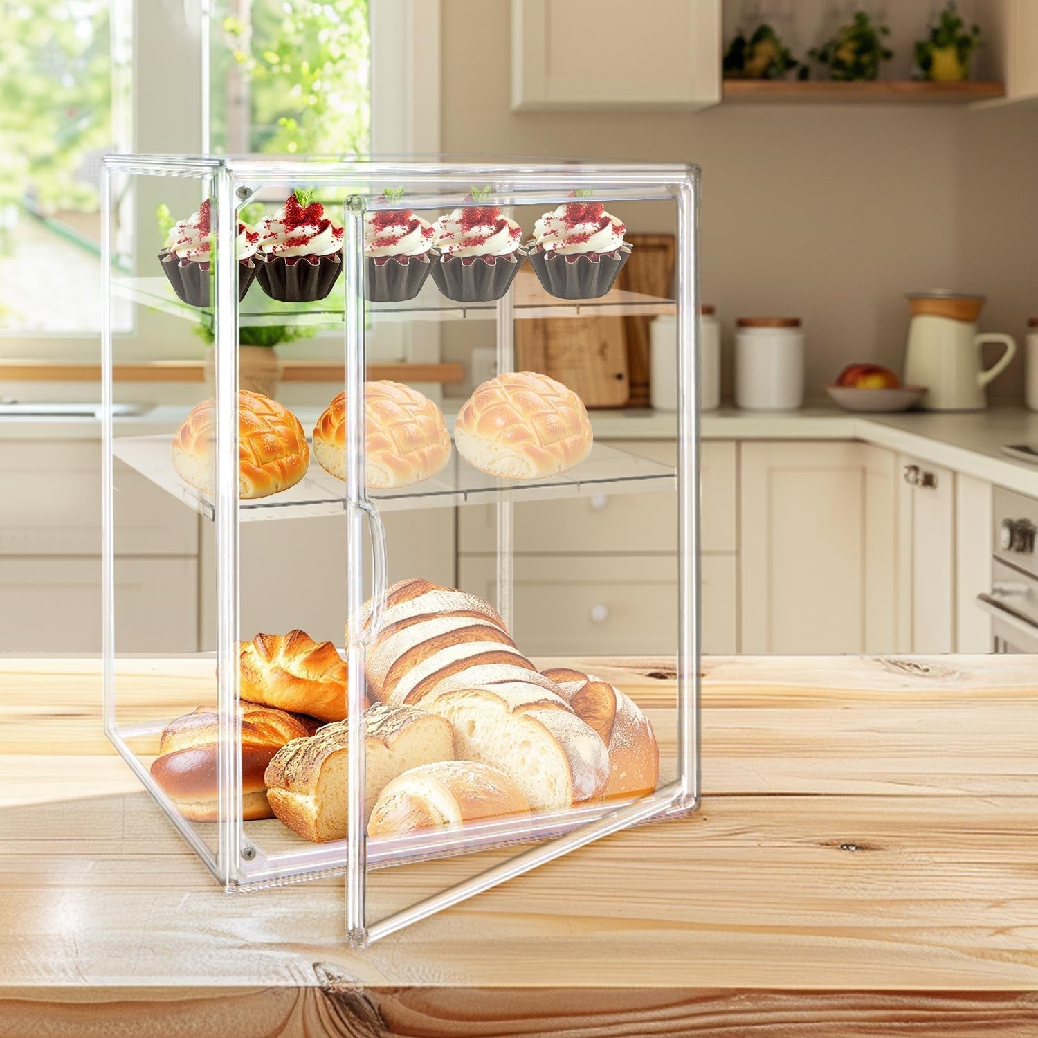 15.5 X 11.4 X 9.8 Inch 4-Tier-Party Display Case, Bakery Display Case Countertop,Adjustable Clear Bread Storage with Magnetic Door Bakery Pastry Display, Cookies and Donuts