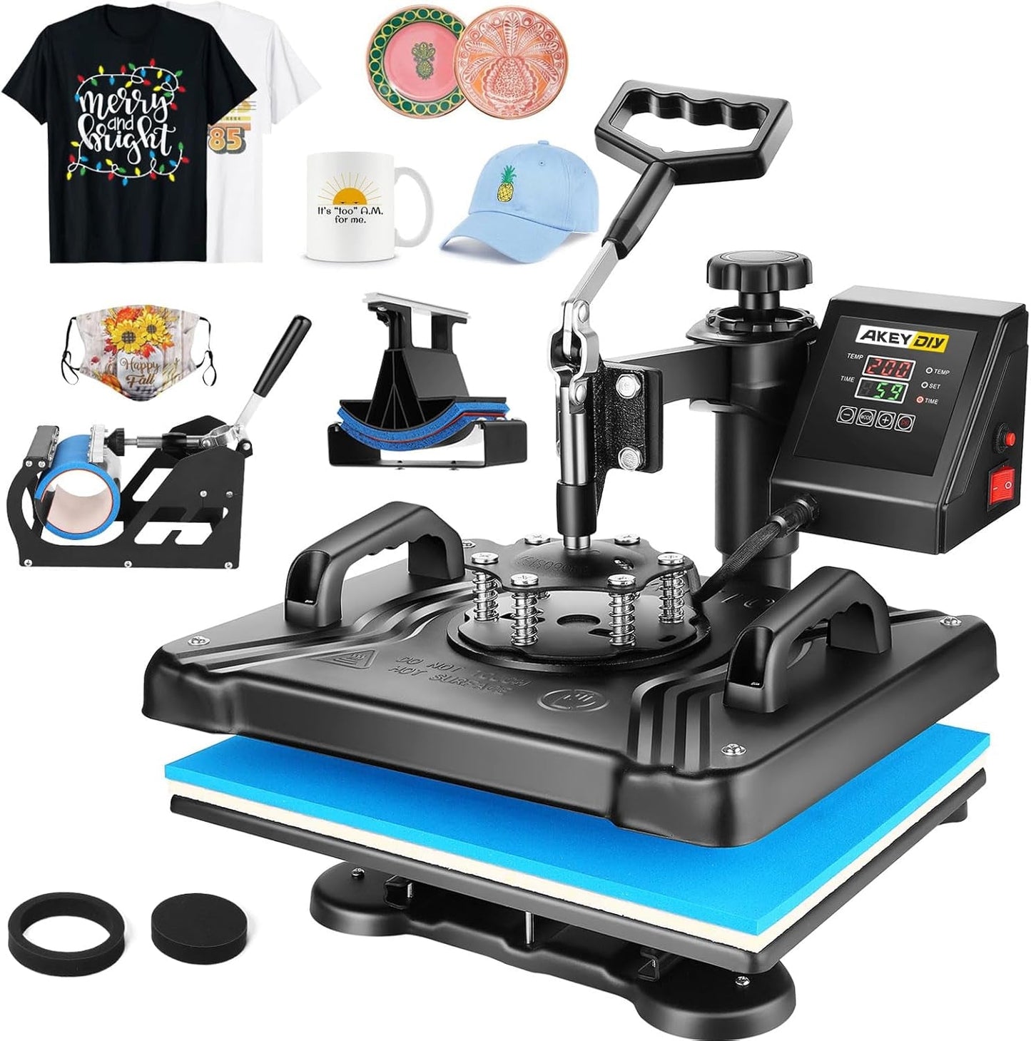 Heat Press Machine for Tshirts, 5 in 1 Heat Transfer Machine, 12" X 15" Heat Printing Press for Sublimation Combo with 360 Degree Rotation Swing Away for T-Shirt Hat Cap Mug Plate, Blue Black