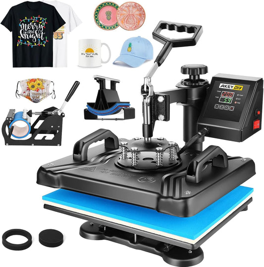 Heat Press Machine for Tshirts, 5 in 1 Heat Transfer Machine, 12" X 15" Heat Printing Press for Sublimation Combo with 360 Degree Rotation Swing Away for T-Shirt Hat Cap Mug Plate, Blue Black