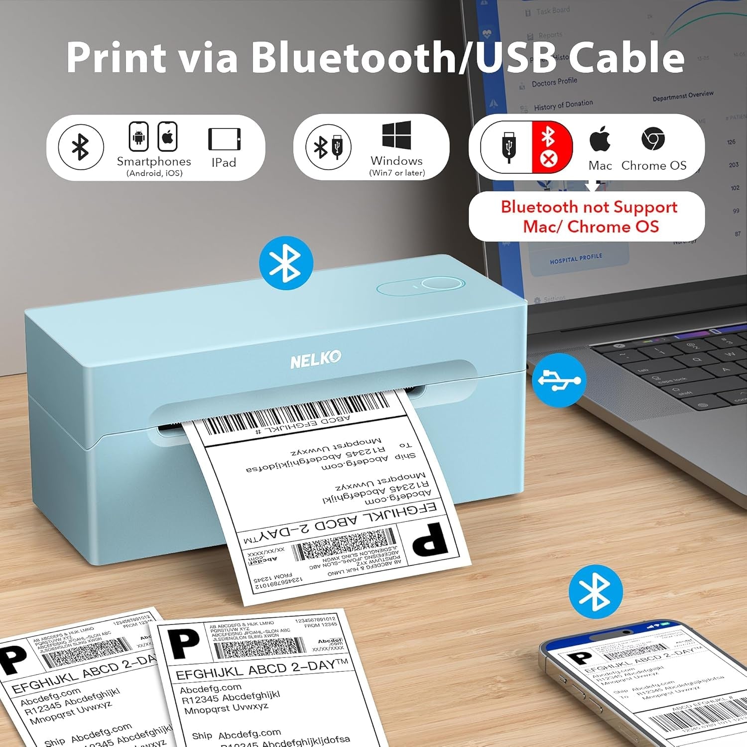 Nelko Bluetooth Thermal Shipping Label Printer, 4X6 Shipping Label Printer for Shipping Packages, Support Android, Iphone and Windows, Widely Used for Amazon, Ebay, Shopify (Blue)