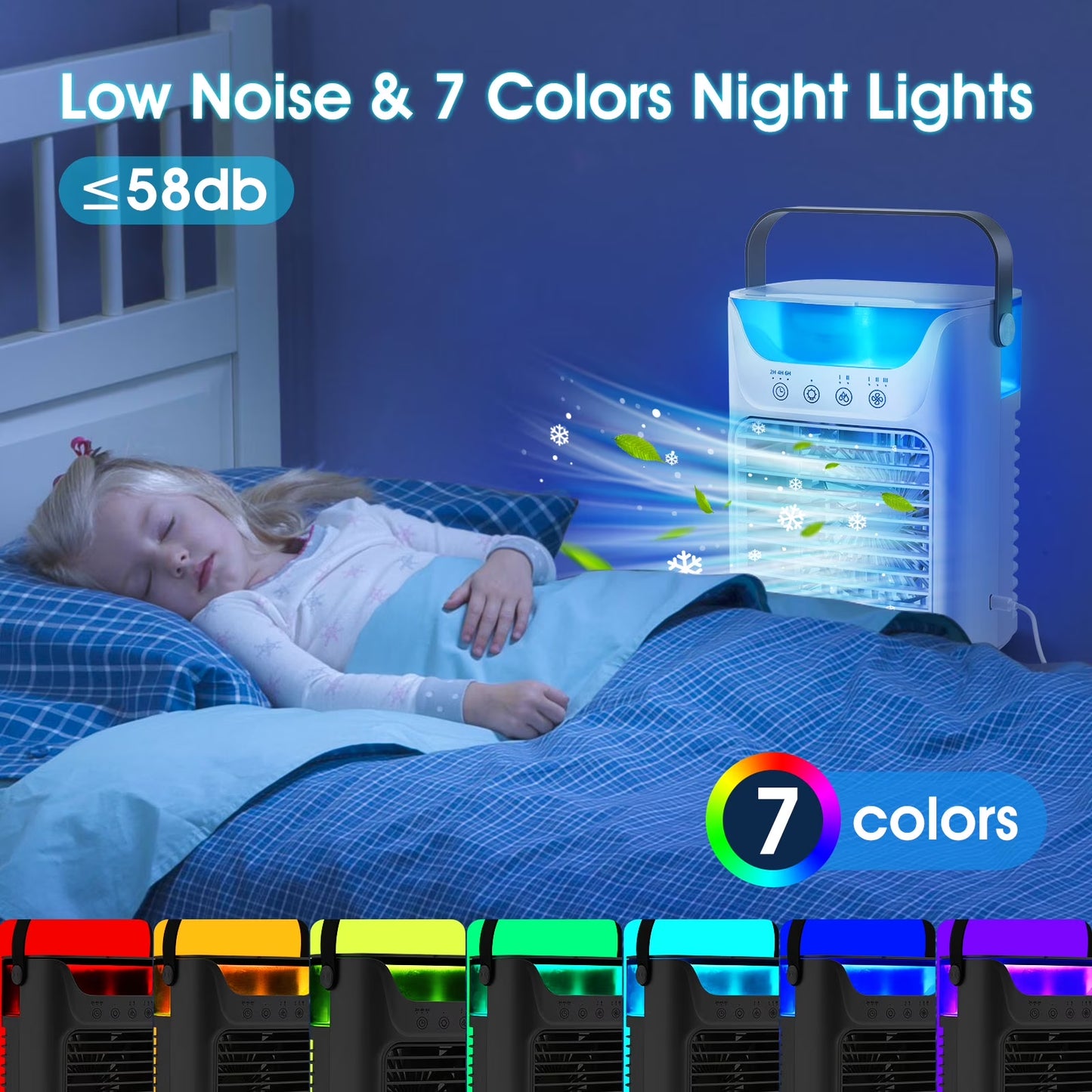 Portable Air Conditioner, Personal Air Conditioner, Tabletop Mini AC, 3 in 1 Evaporative Air Cooler with 3 Speeds, 2 Mist Spray, 7 Color Ambient Lights, 24Oz Removable Water Tank for Bedroom Office