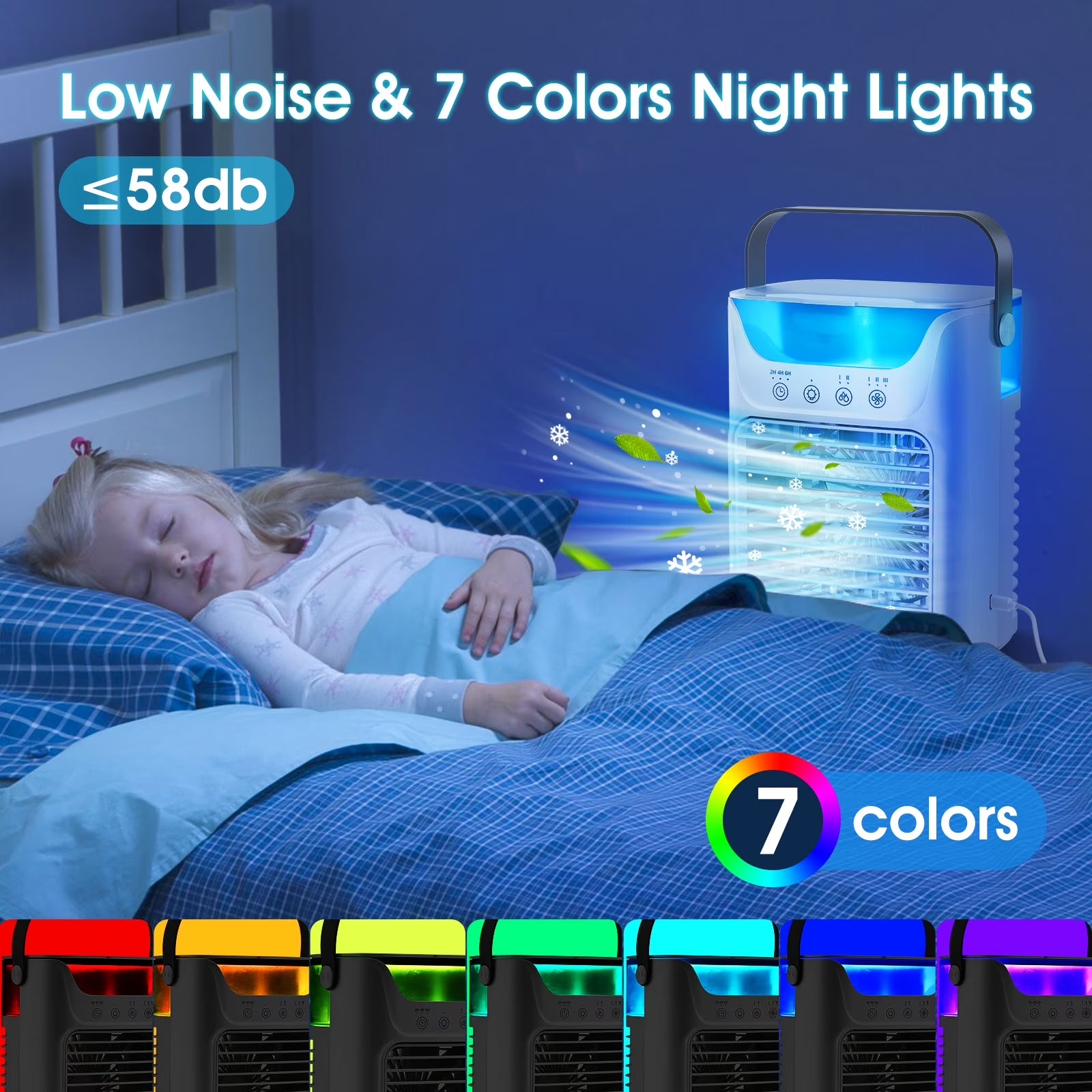 Portable Air Conditioner, Personal Air Conditioner, Tabletop Mini AC, 3 in 1 Evaporative Air Cooler with 3 Speeds, 2 Mist Spray, 7 Color Ambient Lights, 24Oz Removable Water Tank for Bedroom Office