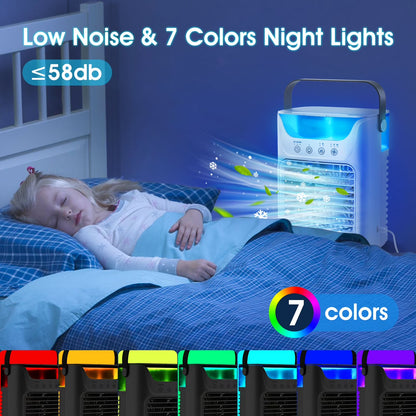 Portable Air Conditioner, Personal Air Conditioner, Tabletop Mini AC, 3 in 1 Evaporative Air Cooler with 3 Speeds, 2 Mist Spray, 7 Color Ambient Lights, 24Oz Removable Water Tank for Bedroom Office