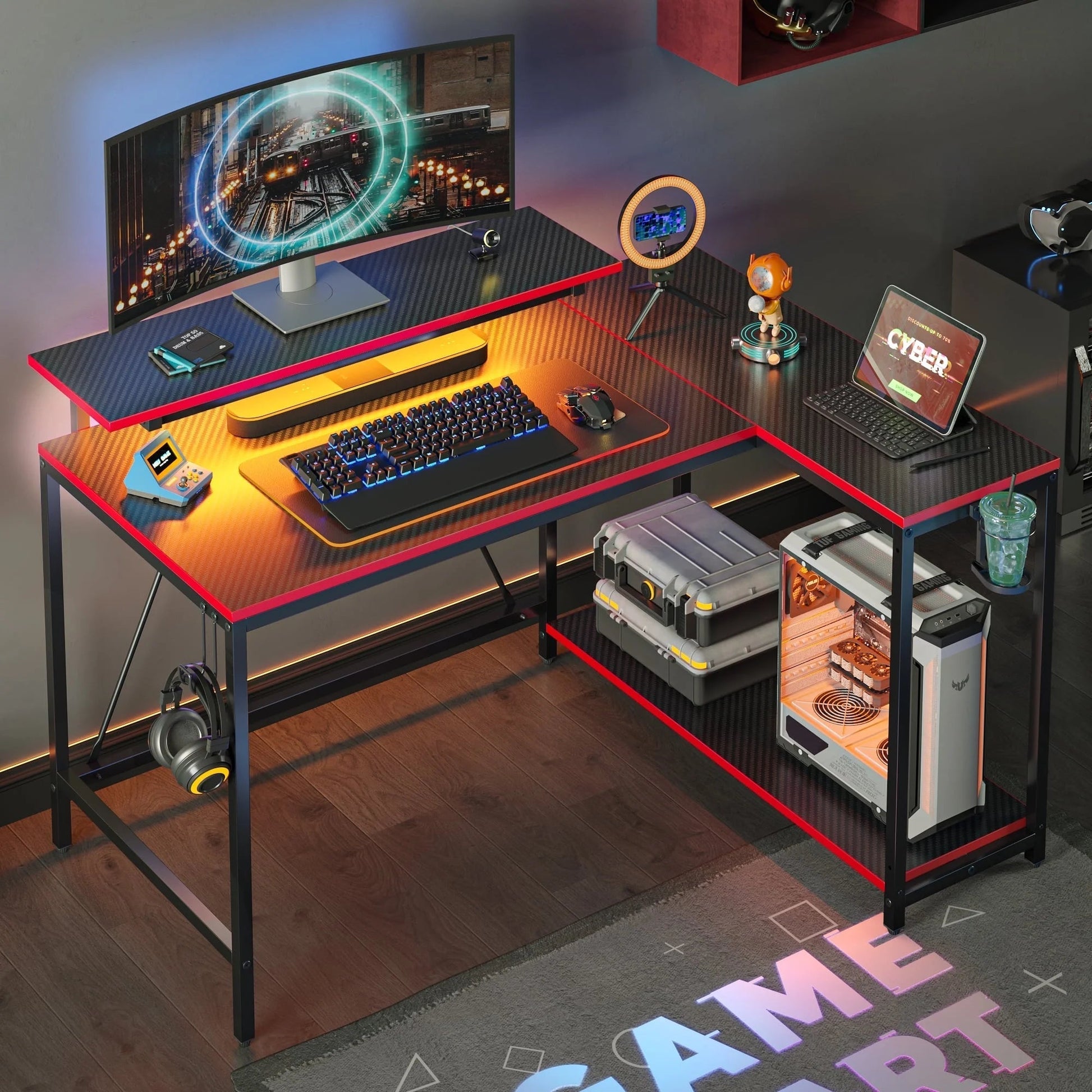 42" Reversible L-Shaped Gaming Desk with Monitor Stand, LED Lights& Headset Hooks, Home Office, Carbon Fiber Black