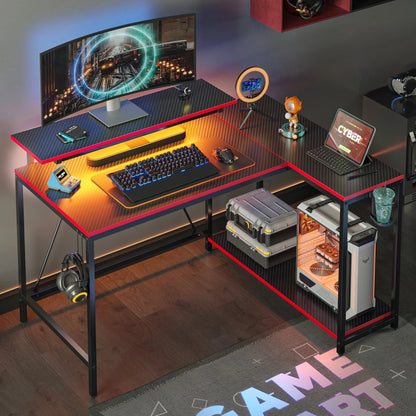 42" Reversible L-Shaped Gaming Desk with Monitor Stand, LED Lights& Headset Hooks, Home Office, Carbon Fiber Black