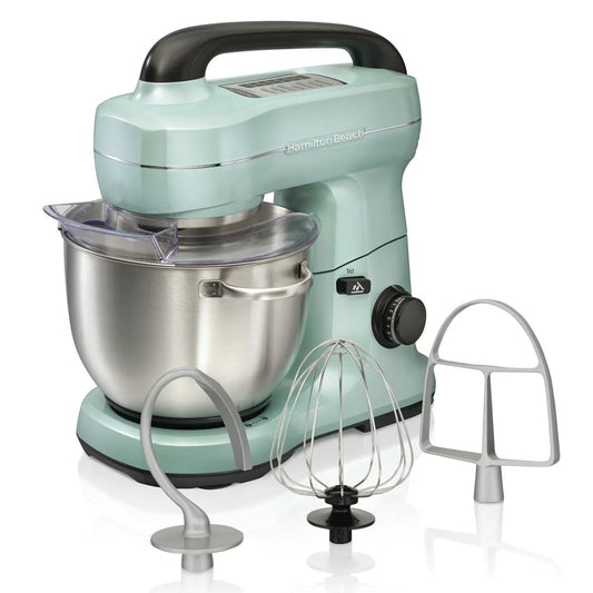 Electric Stand Mixer with 4 Quart Stainless Bowl, 7 Speeds, Whisk, Dough Hook, and Flat Beater Attachments, Splash Guard, 300 Watts, Aqua, 63397