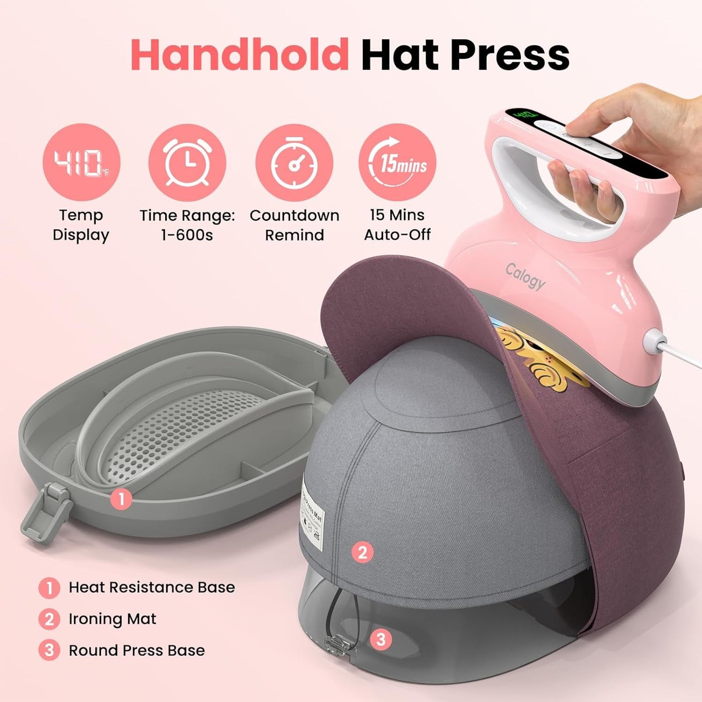 Calogy Hat Press Heat Machine for Caps, Mini Portable Hat Heat Press with Timer, Max 410℉,Precision Temp Control ±5℉, Fast & Evenly Heating Curved Plate 2.76 * 6.3In for 6 1/2-8 Hat，21-26 Girth（Pink）