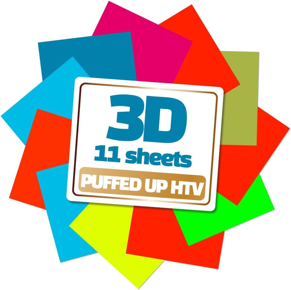 3D Puff Vinyl Heat Transfer 10" X 12" - 11 Sheets Foaming HTV Assorted Colors Bundle/Variety Pack, Adhesive Vinyl, Iron-On Transfer, Heat Press with Cricut Silhouette Cameo