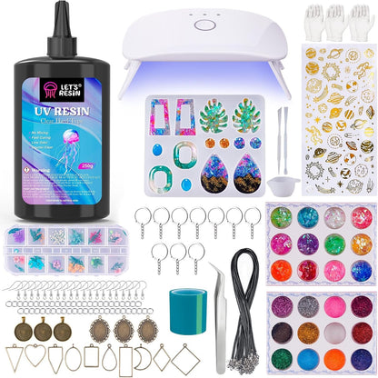 LET'S RESIN UV Resin Jewelry Making Kit - 153Pcs Crystal Clear 250G UV Resin Kit with Light, UV Resin Molds, Resin Starter Kit for Beginners, Keychain&Earring Making, Craft Decor