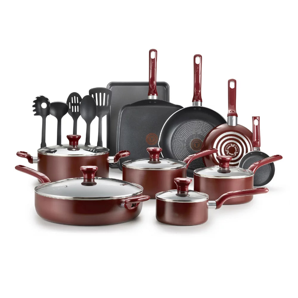 Easy Care Nonstick Cookware, 20 Piece Set, Red, Dishwasher Safe