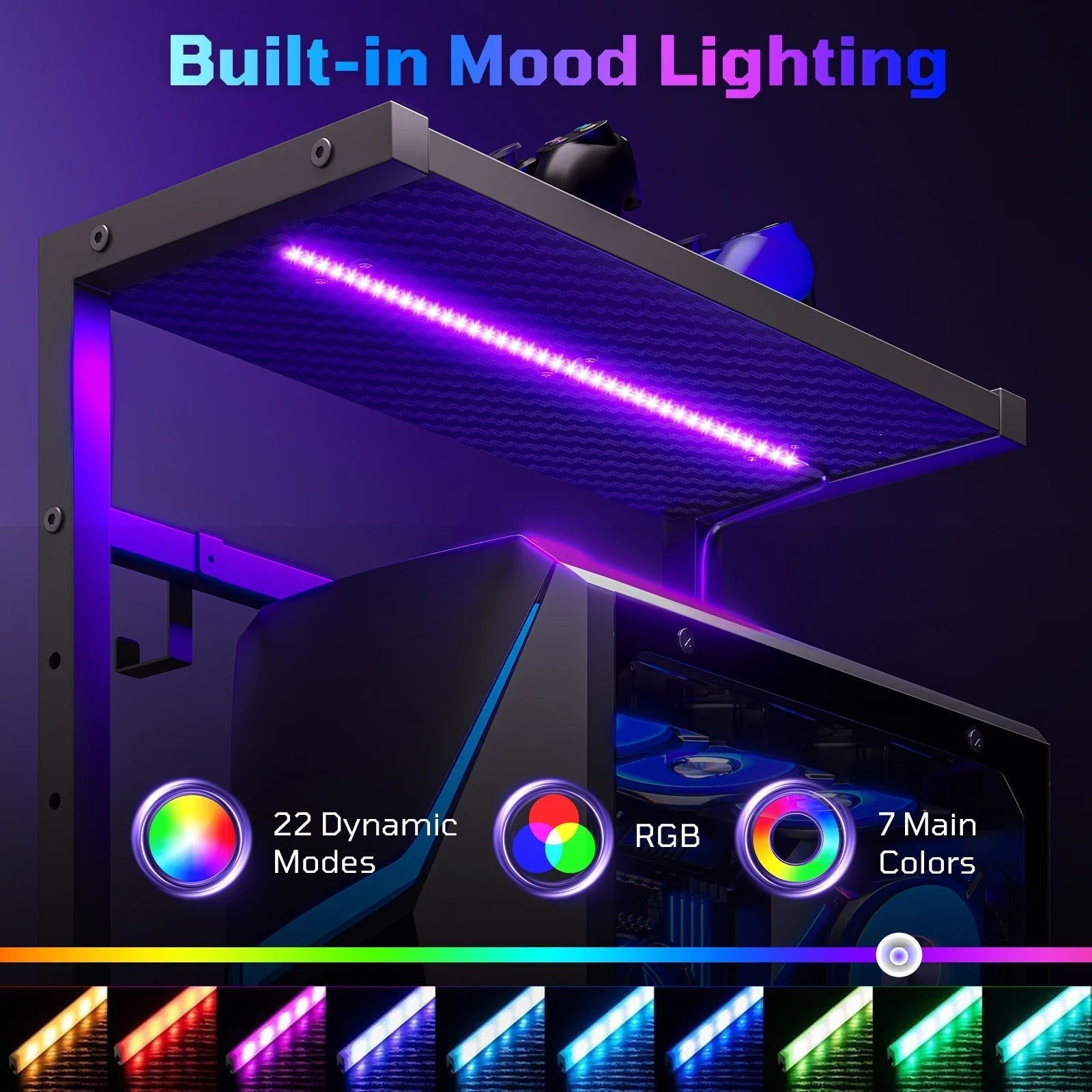 Gaming Desk with LED Lights, 44'' Computer Desk with Reversible Shelves, PC Gamer Desk with Side Storage Bag, Hooks and Height Adjustable Shelf for Home Office, Carbon Fiber Black