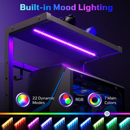 Gaming Desk with LED Lights, 44'' Computer Desk with Reversible Shelves, PC Gamer Desk with Side Storage Bag, Hooks and Height Adjustable Shelf for Home Office, Carbon Fiber Black