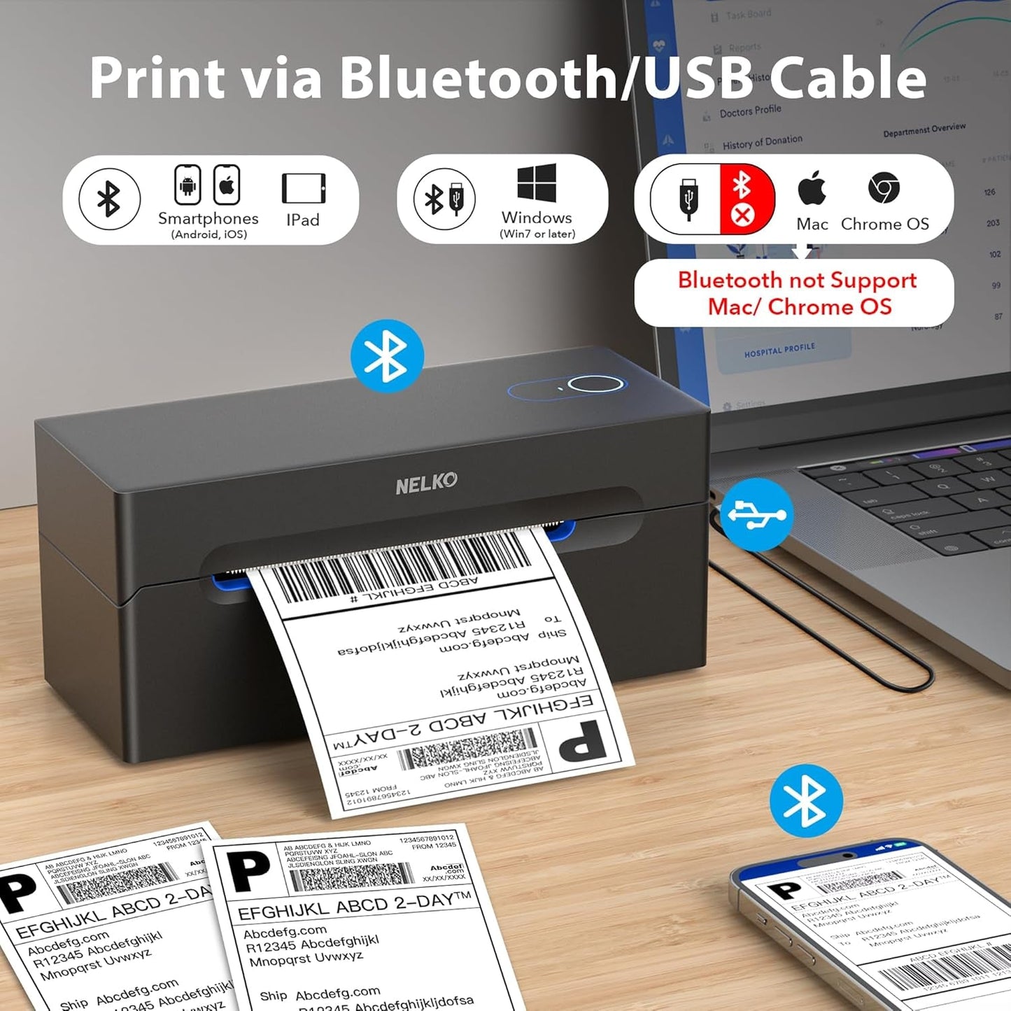 Nelko Bluetooth Thermal Shipping Label Printer, Wireless 4X6 Shipping Label Printer for Small Business, Support Android, Iphone and Windows, Widely Used for Amazon, Ebay, Shopify, Etsy, USPS