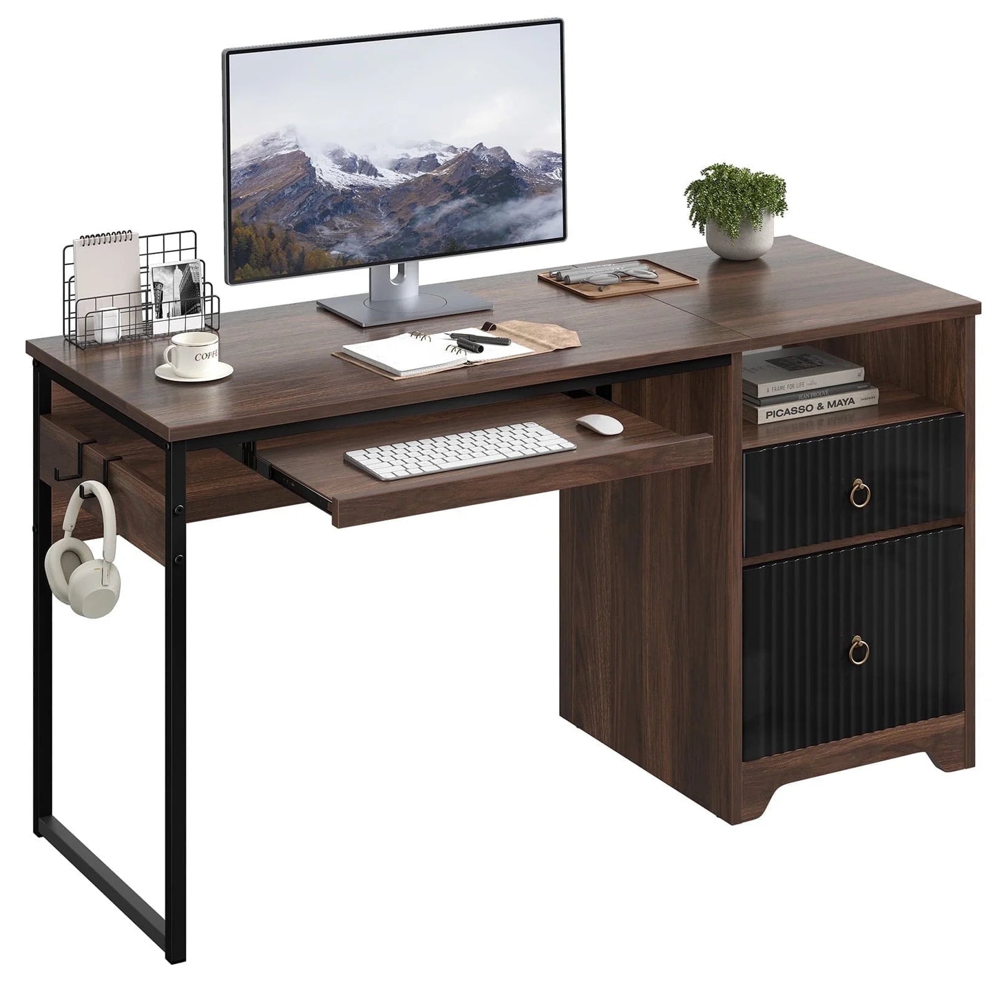 55 Inch Office Desk with Drawers, Keyboard Tray, 2 Hooks, Modern Fluted Computer Desk for Home, Walnut