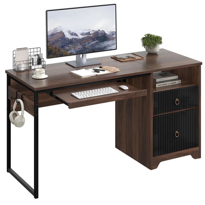55 Inch Office Desk with Drawers, Keyboard Tray, 2 Hooks, Modern Fluted Computer Desk for Home, Walnut