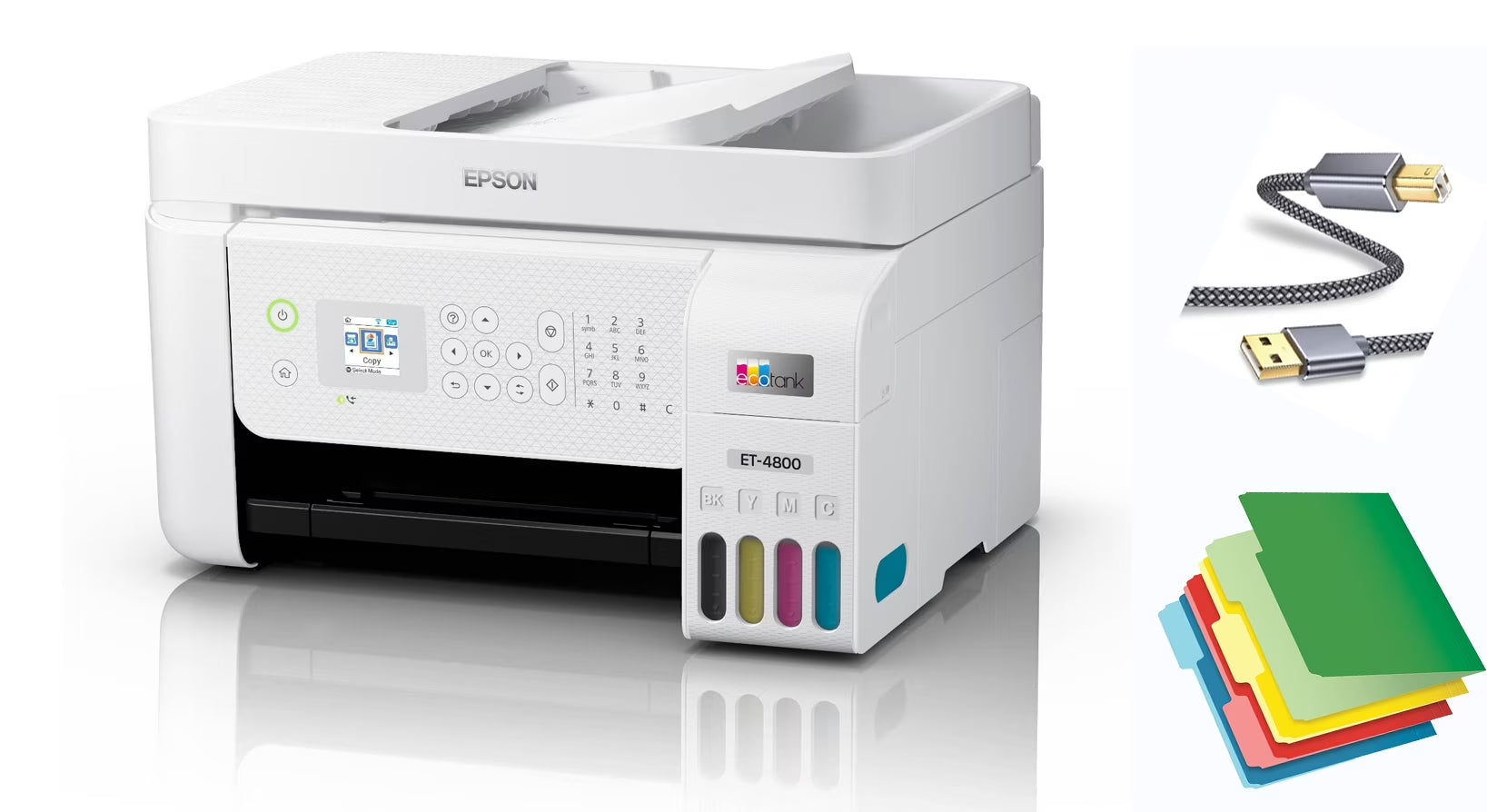 Epson Ecotank ET-4800 Color Inkjet All-In-One Printer with MTC Printer Cable & File Folders