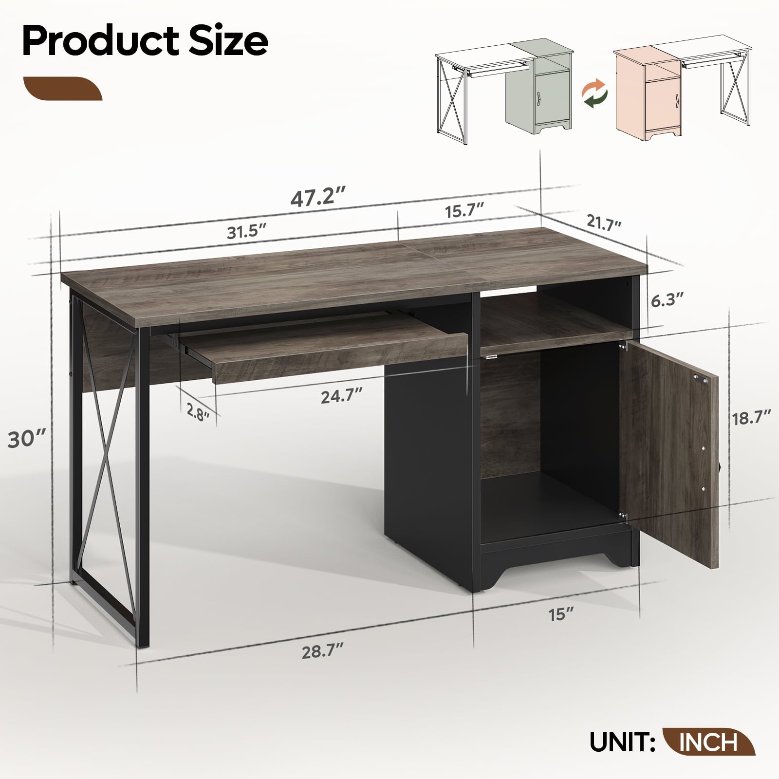 Home Office Desk 47" Computer Desk Small PC Table with Keyboard Tray and Storage Cabinet,Wash Gray