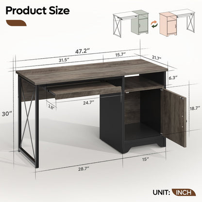 Home Office Desk 47" Computer Desk Small PC Table with Keyboard Tray and Storage Cabinet,Wash Gray