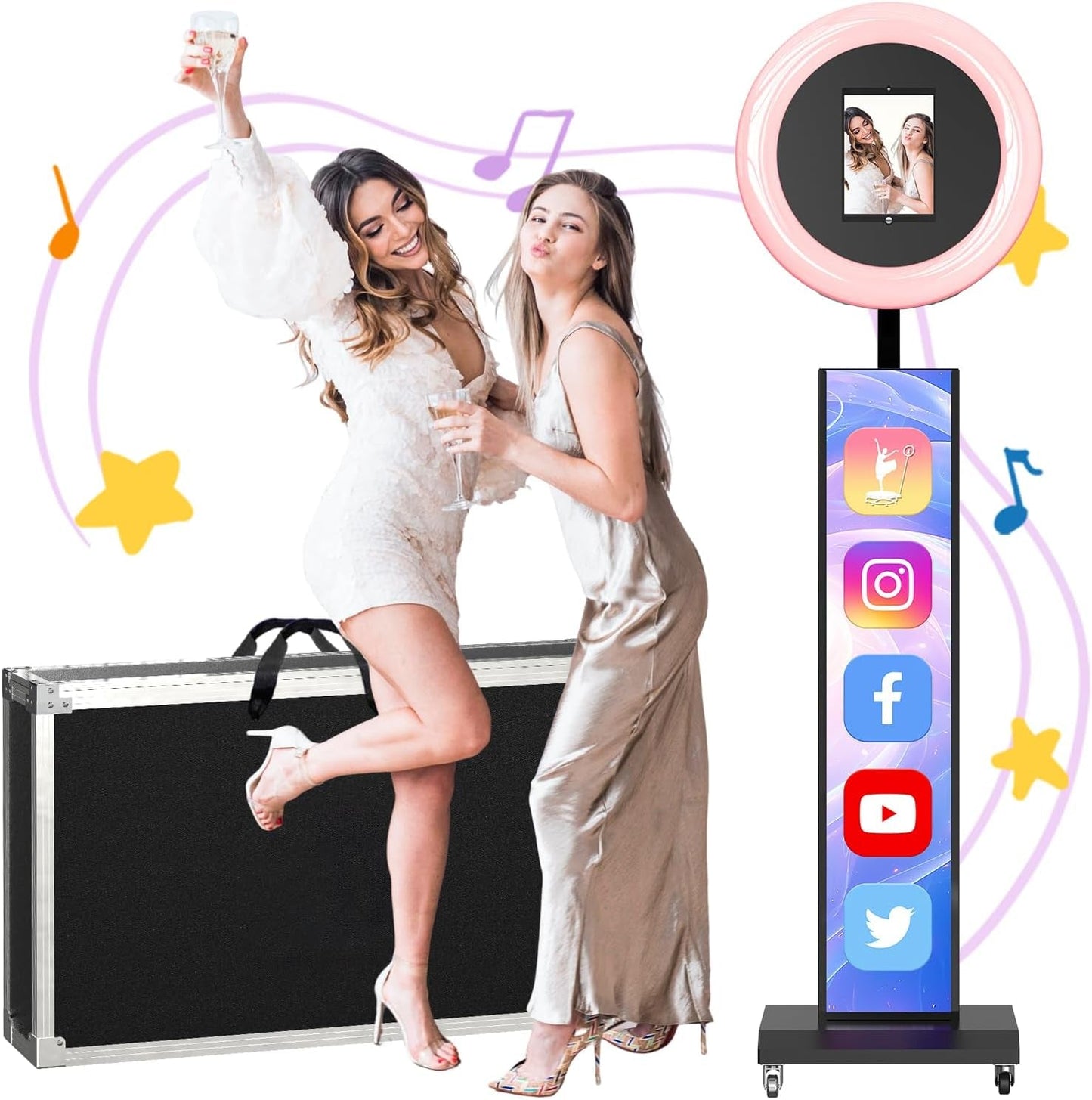 MWE Portable Photo Booth Machine Stand Compatible with Any Ipad with Software APP and Remote Control, RGB Ring Lights Music Sync, Free Custom Logo,Flight Case with Wheels (Black, Light Box)