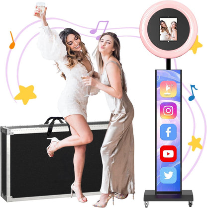 MWE Portable Photo Booth Machine Stand Compatible with Any Ipad with Software APP and Remote Control, RGB Ring Lights Music Sync, Free Custom Logo,Flight Case with Wheels (Black, Light Box)