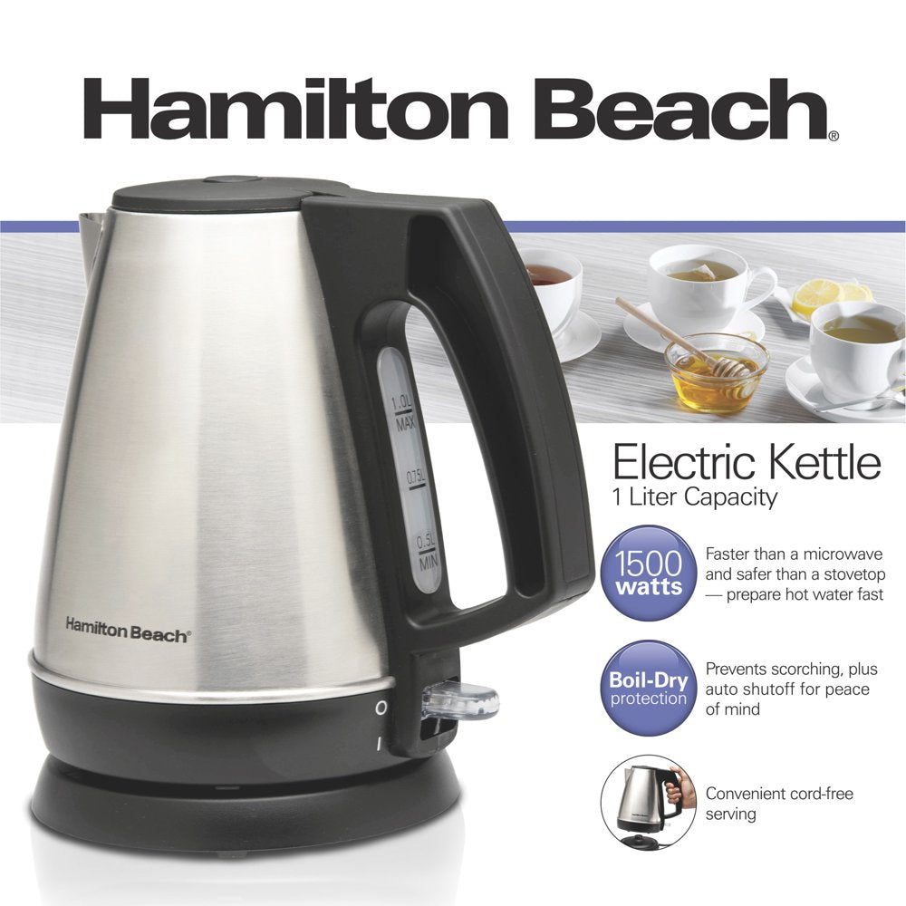 1 Liter Electric Kettle, Stainless Steel and Black, New, 40901F