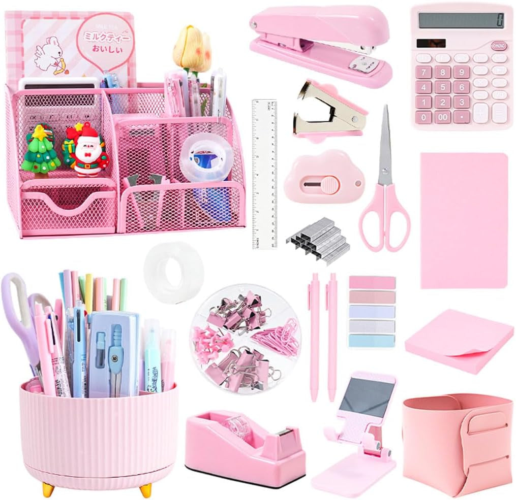 Pink Desk Organizers and Accessories with Desk Organizer 360° Rotating Pen Holder and Office Supplies, 19Pcs Cute Stationery Supplies Set