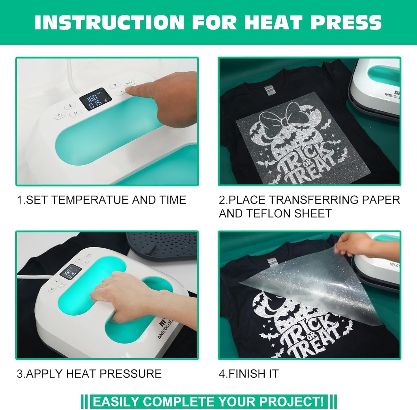 MECOLOUR Heat Press Machine for T Shirts, Portable Heat Press 9"X9" with Heat Press Mat, PTFE Teflon and 8 Pcs Tshirt Ruler Guide, Tshirt Press Machine for Sublimation, HTV, Heat Transfer 110V(Green)